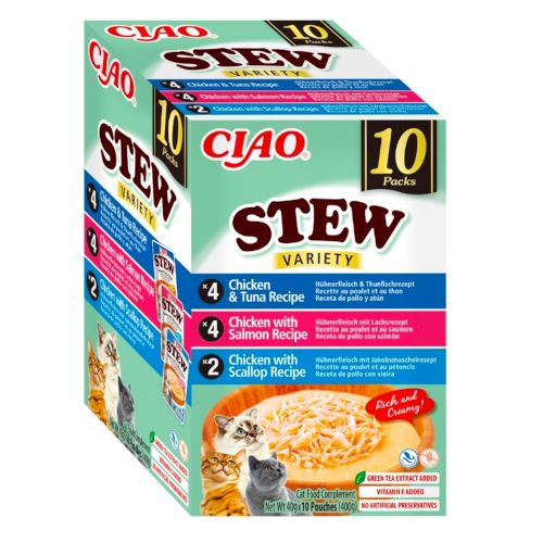 Churu Cat Stew Multipack Salmón, Atún y Vieira, 10 x 40 Gr